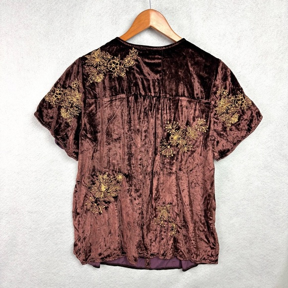 NWT Kyla Seo Anthropologie Handmade Embroidered Crushed Velvet Brown Blouse Sz S - Picture 9 of 14